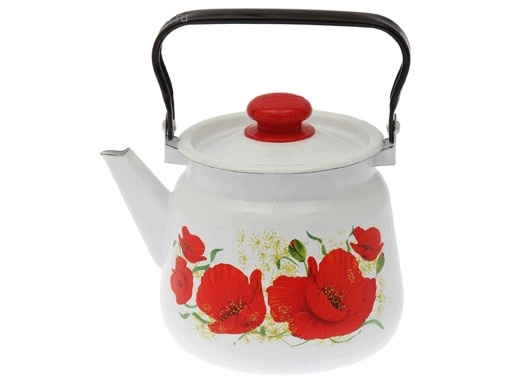 Чайник эмалированный 3,5л декор Маки, белый с кнопкой / чайник для дома / чайник для дачи / чайник для #1