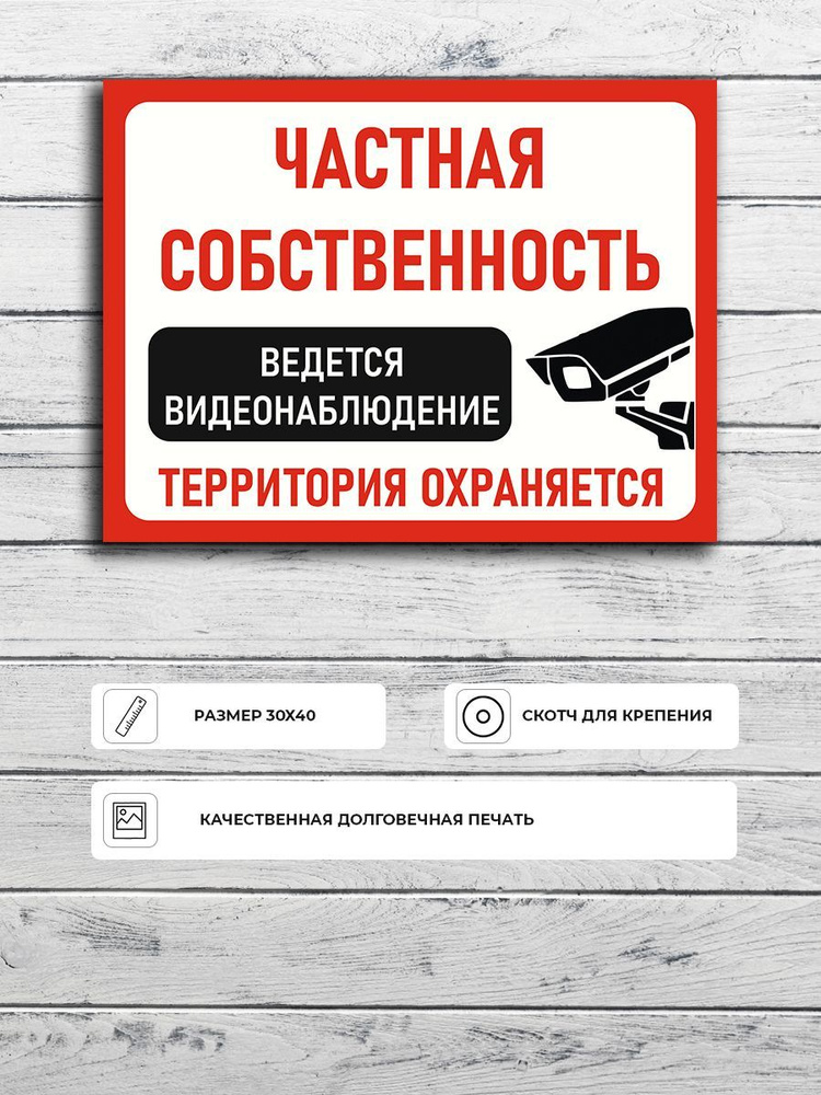 Табличка "Частная собственность ведется видеонаблюдение территория охраняется" А3 (40х30см)  #1