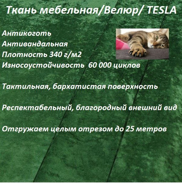 ОТРЕЗ 6 МЕТРОВ Ткань мебельная, велюр, обивочная, антикоготь TESLA_10 зеленый  #1