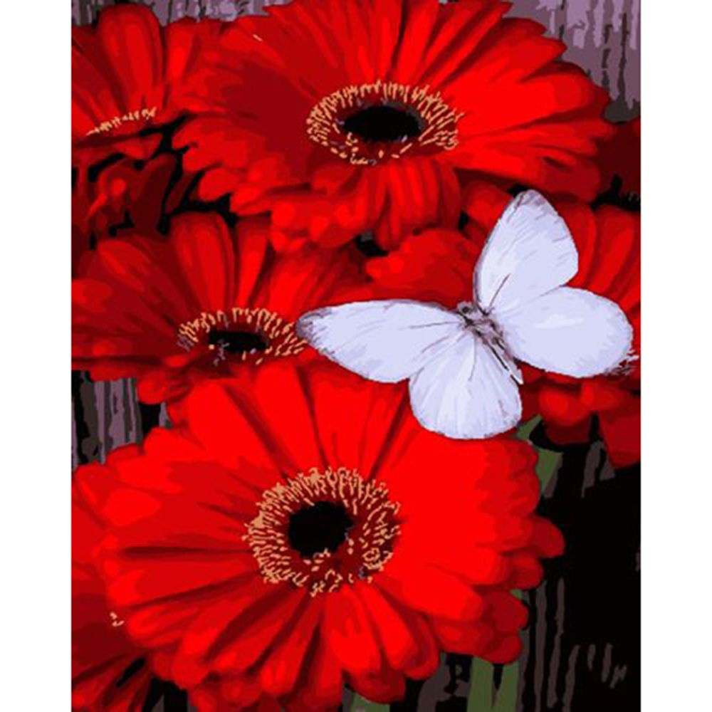 Картина по номерам Paintboy Premium на подрамнике "Красные герберы и бабочка" 40х50 см.,  #1