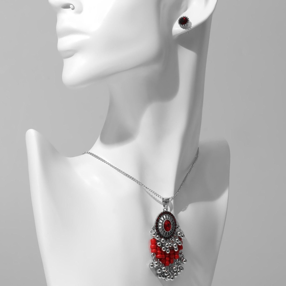 Гарнитур 2 предмета: серьги, кулон Соло овал, цвет красный в чернёном серебре, 48см  #1
