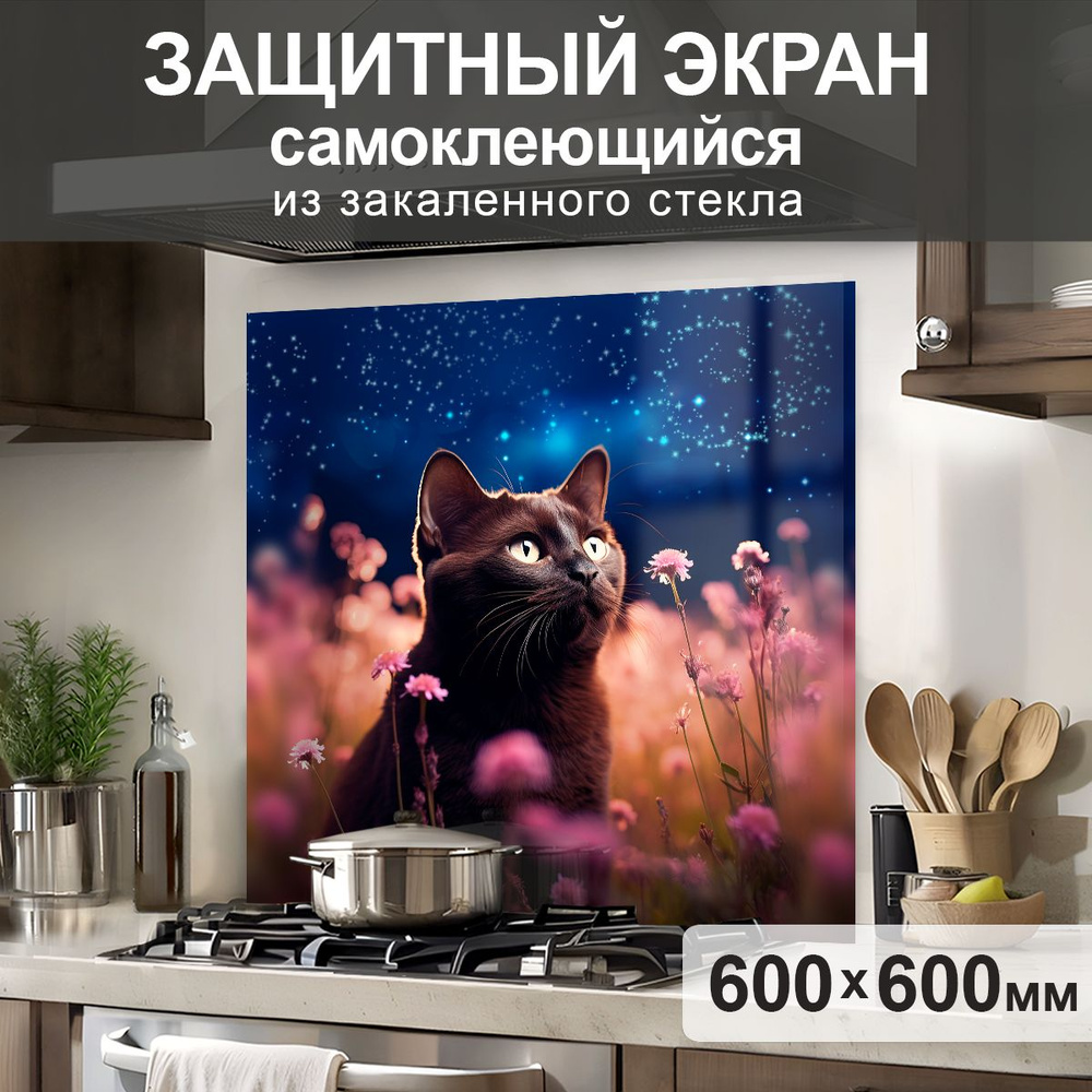 Защитный экран от брызг на плиту 600х600х4мм. Стеновая панель для кухни из закаленного стекла. Фартук #1