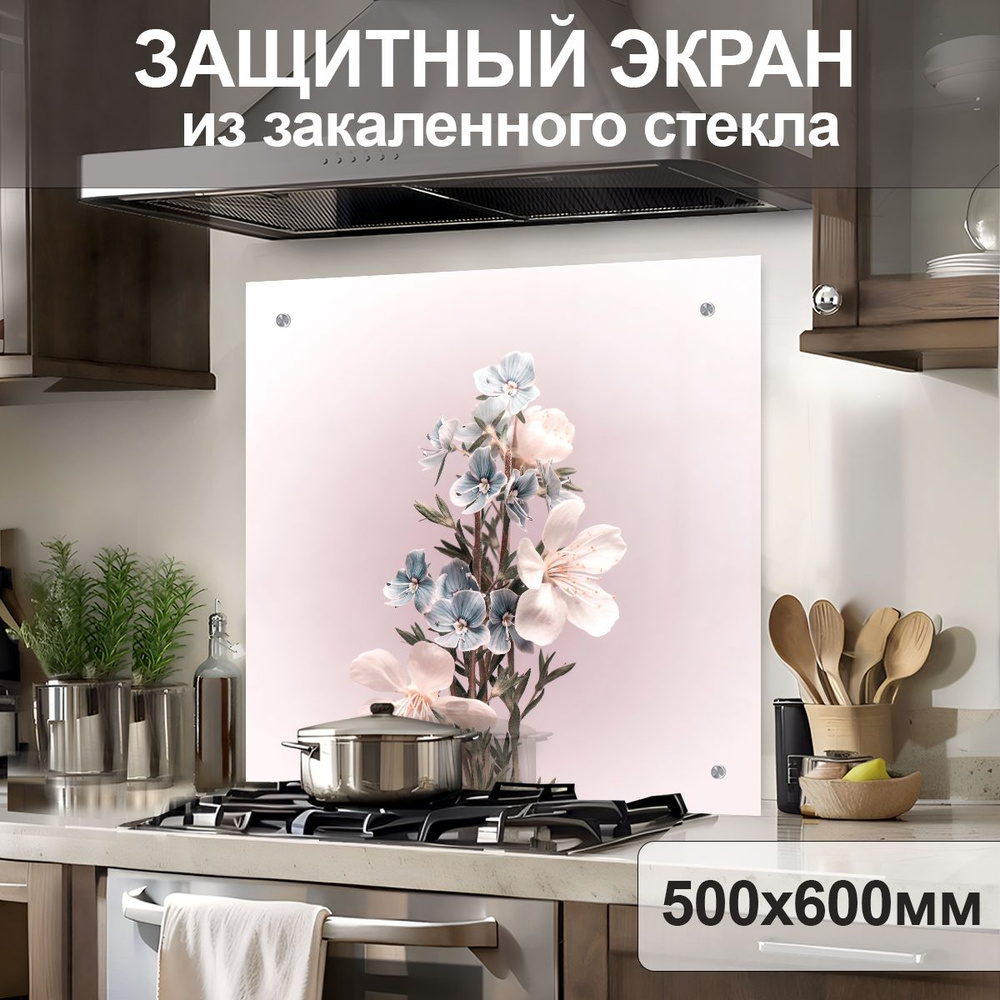 Защитный экран от брызг на плиту 600х500х4мм. Стеновая панель для кухни из закаленного стекла. Фартук #1