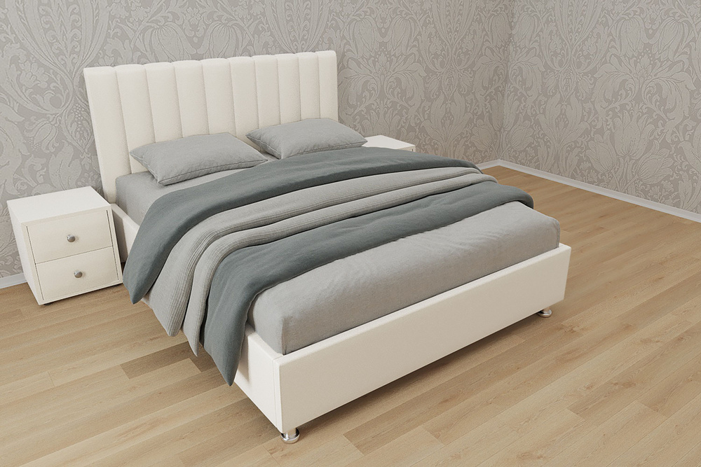Двуспальная кровать Челси 180x200 основание металлическое с ламелями велюр белый ножки 5 см  #1