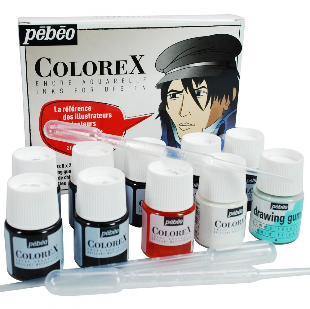 "PEBEO" набор акварельных чернил Colorex 8 цв. 20 мл 320299 с тушью и маскирующей жидкостью  #1