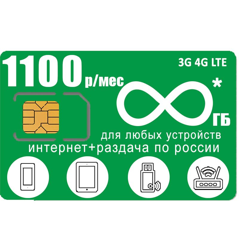 SIM-карта Сим карта безлимитным* интернетом 3G / 4G по России за 1100 руб/мес - любые модемы, роутеры, #1