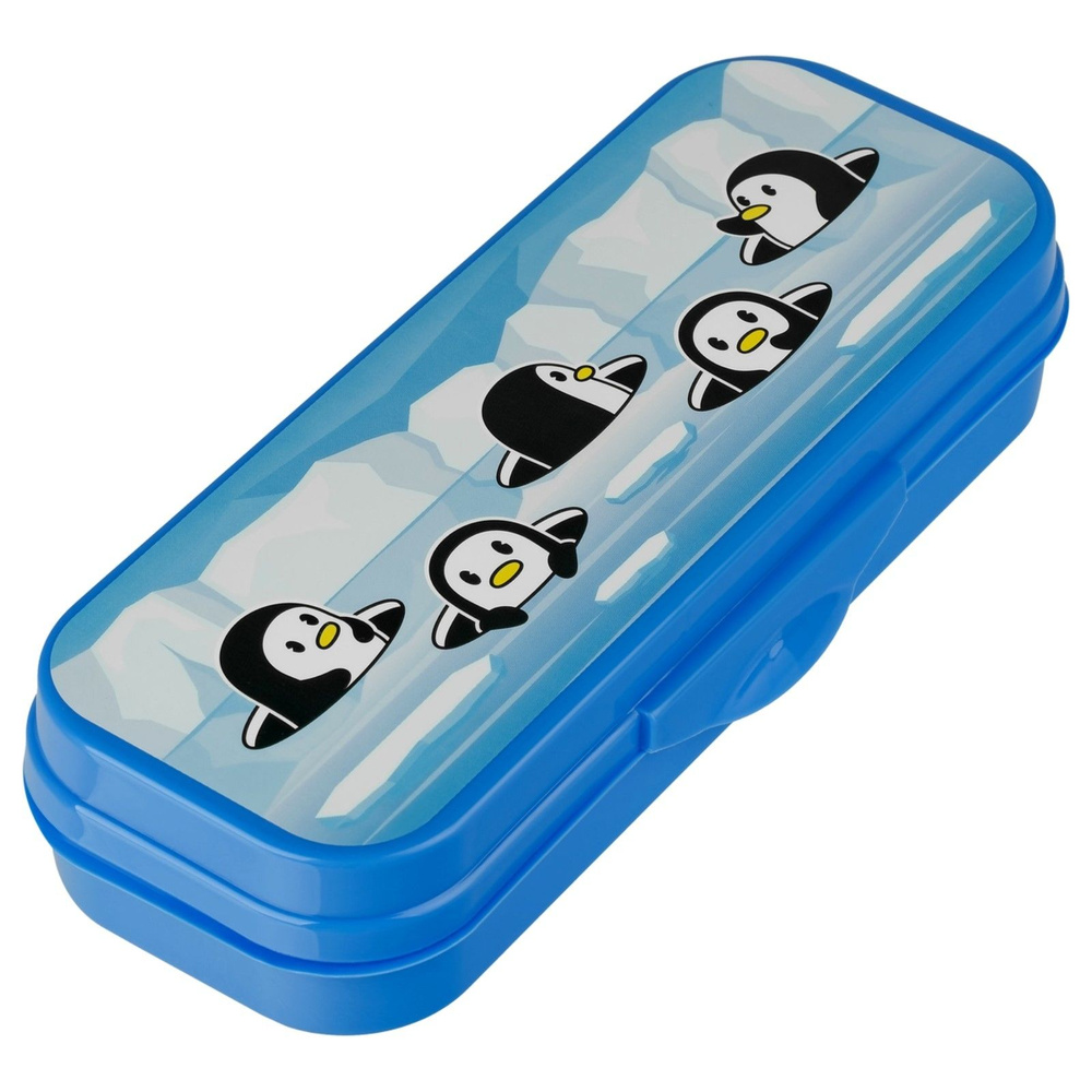 Пенал школьный 1 отделение пластиковый СТАММ "Пингвины" светло-синий 215*90*43/ Пенал-футляр  #1