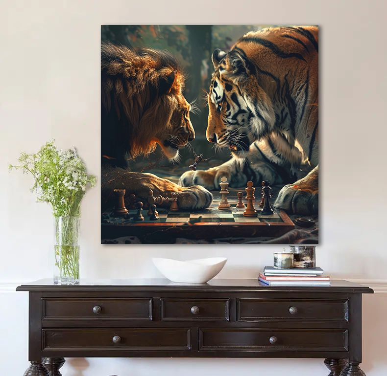 Большая картина Лев и тигр, 80х80 см. #1