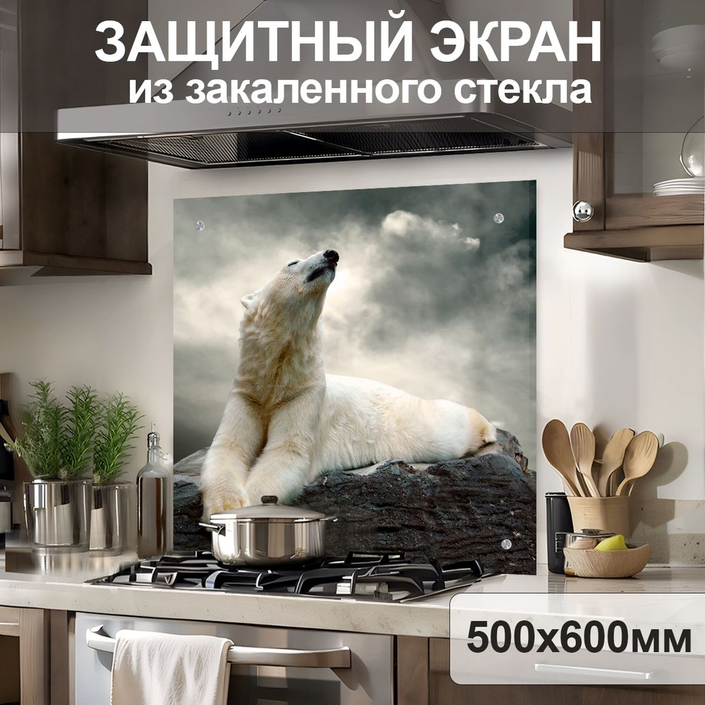 Защитный экран от брызг на плиту 600х500х4мм. Стеновая панель для кухни из закаленного стекла. Фартук #1