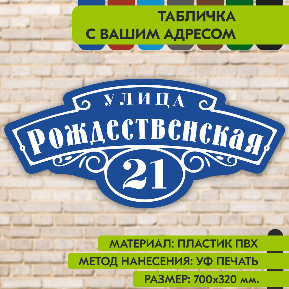 Адресная табличка на дом "Домовой знак" синяя, 700х320 мм., из пластика, УФ печать не выгорает  #1