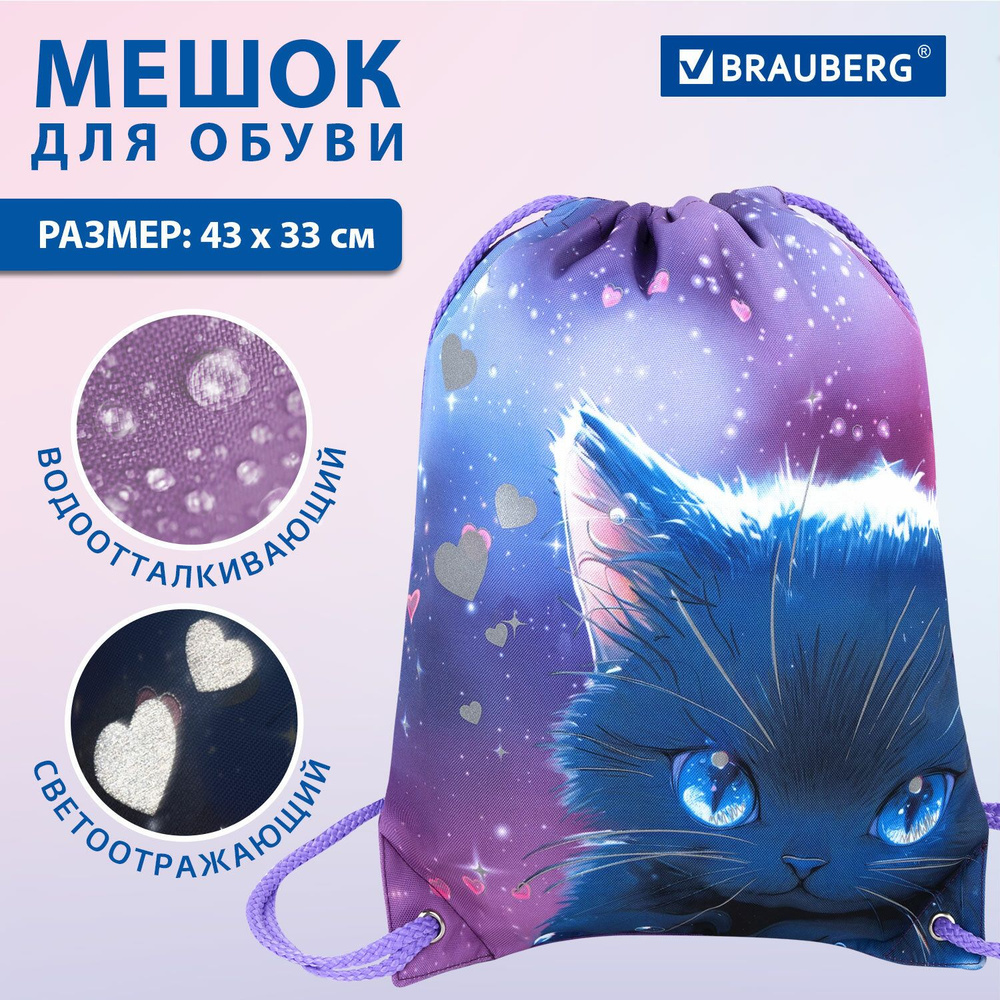 Мешок для обуви Brauberg Premium, карман, подклад., светоотр., 43х33 см, Anime cat, 272421  #1