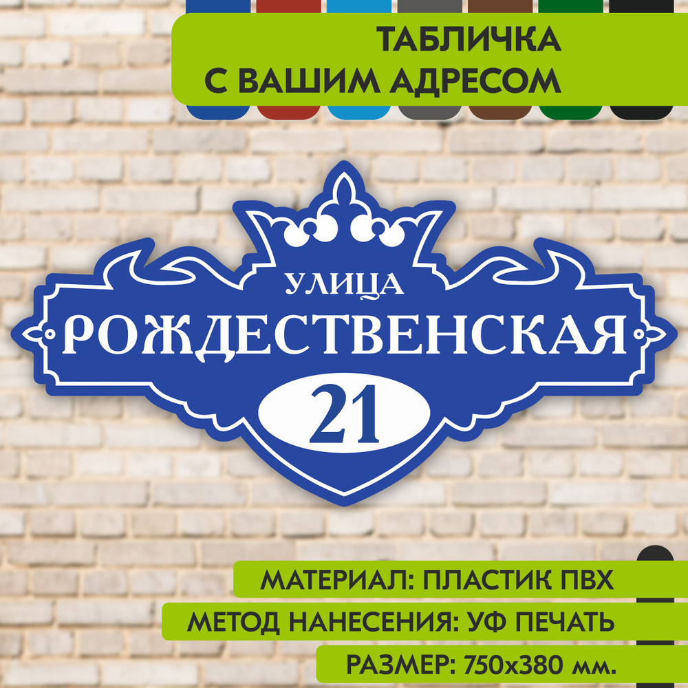 Адресная табличка на дом "Домовой знак" синяя, 750х380 мм., из пластика, УФ печать не выгорает  #1