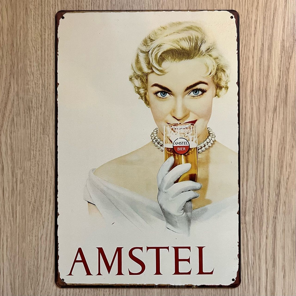 Табличка металлическая интерьерная Пиво Amstel Pin-Up Девушка Пинап  #1