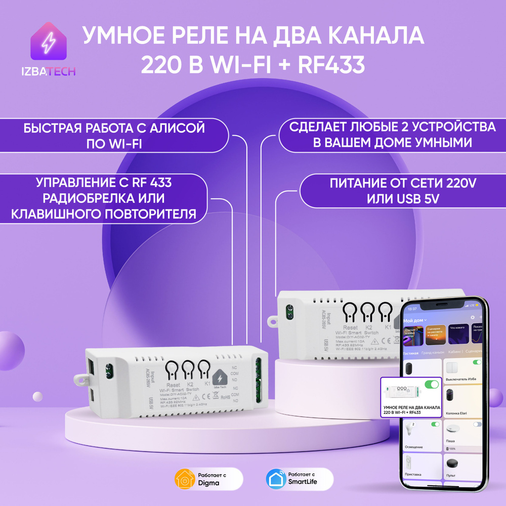 Умное реле с корпусом на два канала для Яндекс Алисы от Tuya 220В  WIFI+RF433 беспроводной двух канальный модуль мощностью 2200вт