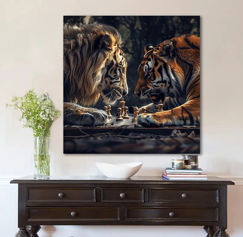 Картина Лев и тигр играют в шахматы, 50х50 см. #1
