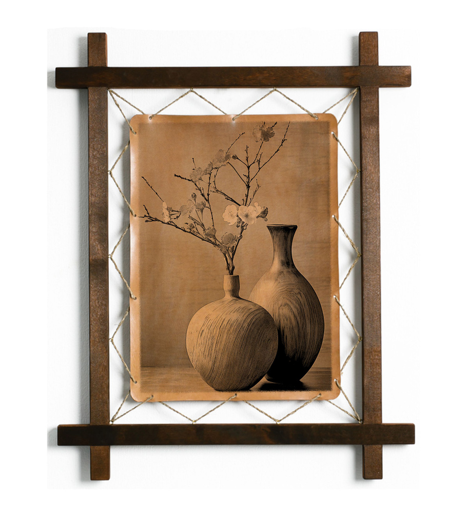 Картина "Деревянные вазы, натюрморт", гравировка на натуральной коже, интерьерная для украшения и декора #1