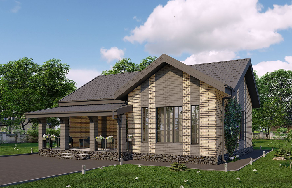Проект Rg6225 - Одноэтажный дом с террасой, 3 спальнями и отделкой облицовочным кирпичом (90 м2, 10м #1