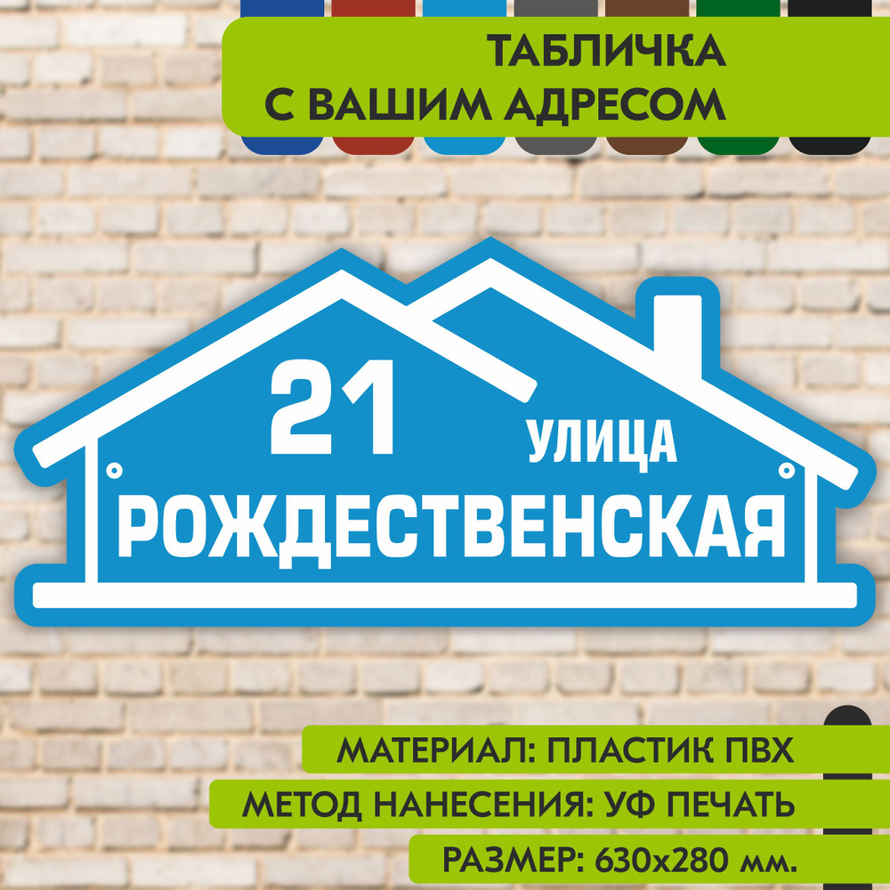 Адресная табличка на дом "Домовой знак" голубая, 630х280 мм., из пластика, УФ печать не выгорает  #1