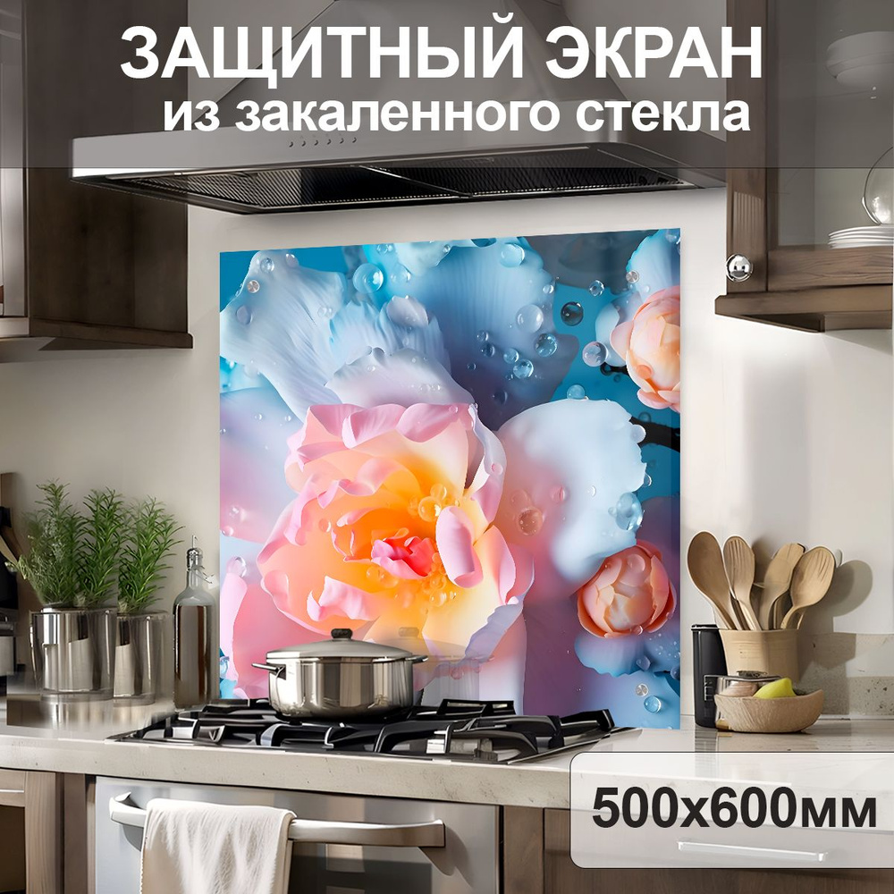 Защитный экран от брызг на плиту 600х500х4мм. Стеновая панель для кухни из закаленного стекла. Фартук #1