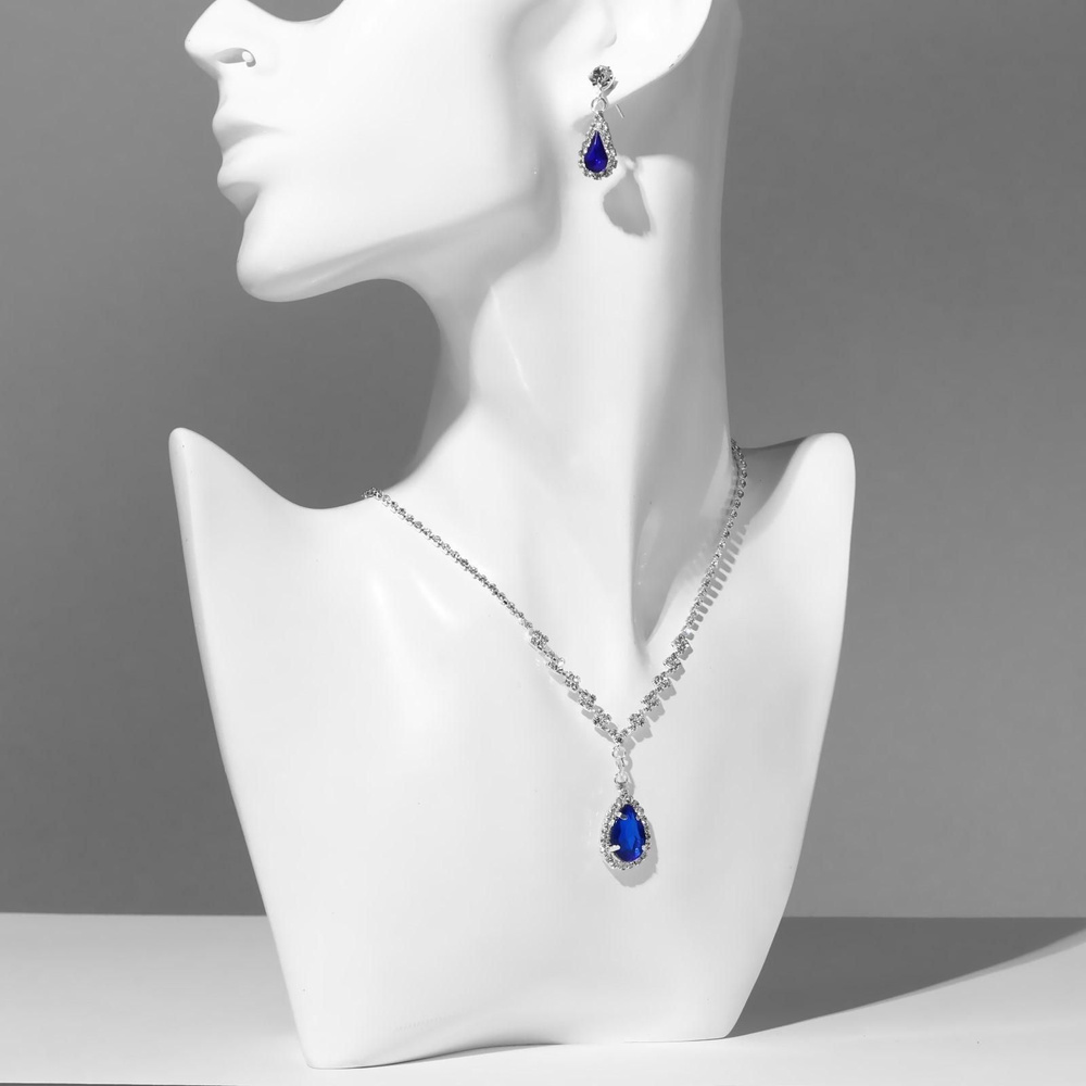 Гарнитур 2 предмета: серьги, кулон Элеганс капля миниатюрная, цвет бело-синий в серебре, 30см  #1