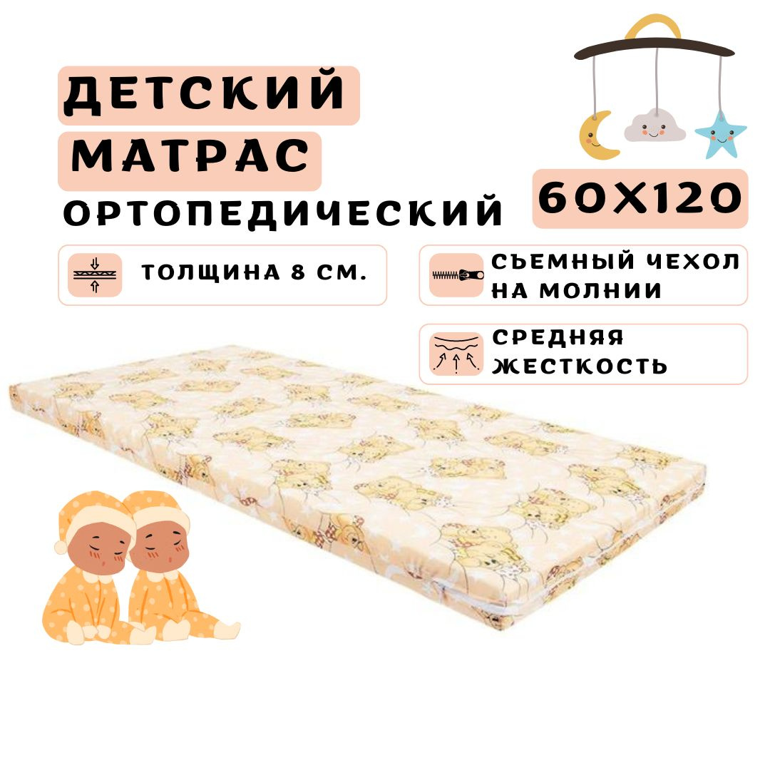 Матрас для детей на кровать 60х120 см. высотой 8 см. Детский матрас 60х120 см. толщиной 8 см. идеально подходит для стандартных детских кроваток. Размеры матраса для новорожденных позволяют без проблем уместить его в кроватку и обеспечить максимальный уровень комфорта и безопасности во время сна. Материал пенополиуретан, используемый в качестве наполнителя матраса, является гипоаллергенным и не вызывает аллергических реакций у детей. Это особенно важно, учитывая чувствительность детской кожи и дыхательной системы. Съемный чехол матраса изготовлен из полиэстера, что делает его прочным и устойчивым к износу. Полиэстер легко стирается, поэтому вы без труда сможете поддерживать гигиенический уровень матраса на высоком уровне. Матрас для детей также не боится влаги, что делает его удобным в использовании при непредвиденных ситуациях. 