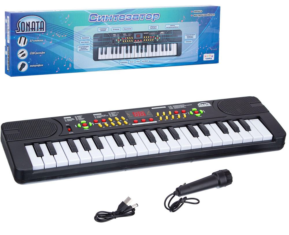 Синтезатор детский "Соната" 37 клавиш с микрофоном, работает от сети и батареек  #1