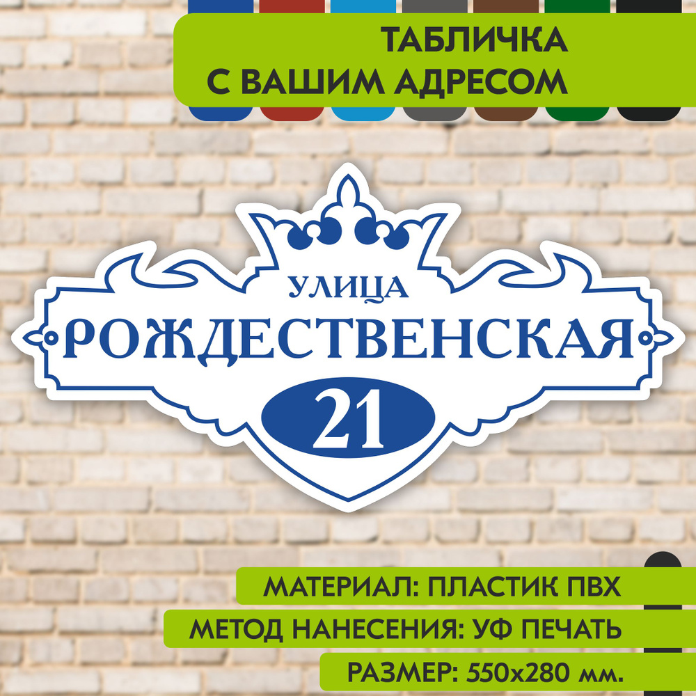 Адресная табличка на дом "Домовой знак" бело-синяя, 550х280 мм., из пластика, УФ печать не выгорает  #1