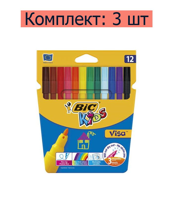 Фломастеры цветные Bic Kids Visa, 12 шт, 3 уп #1