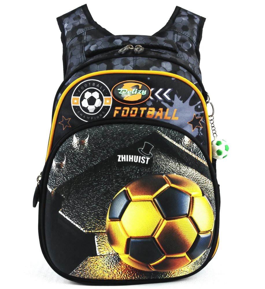 Рюкзак школьный с брелком "Футбольный мяч / Футбол - Football" для мальчиков, серо-оранжевый  #1
