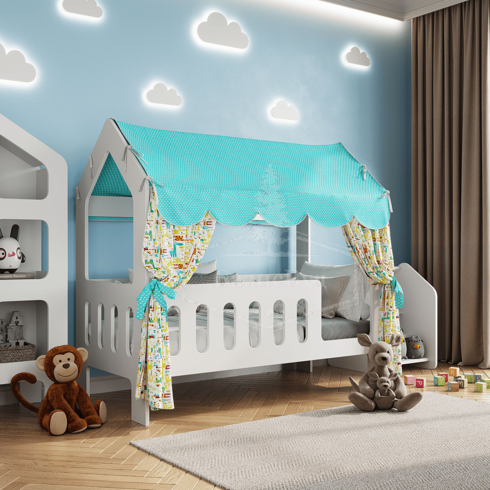 Кровать-домик, Кровать детская с бортиком под матрас 160х80, БазисВуд "Классик" с текстилем (бирюзовый #1