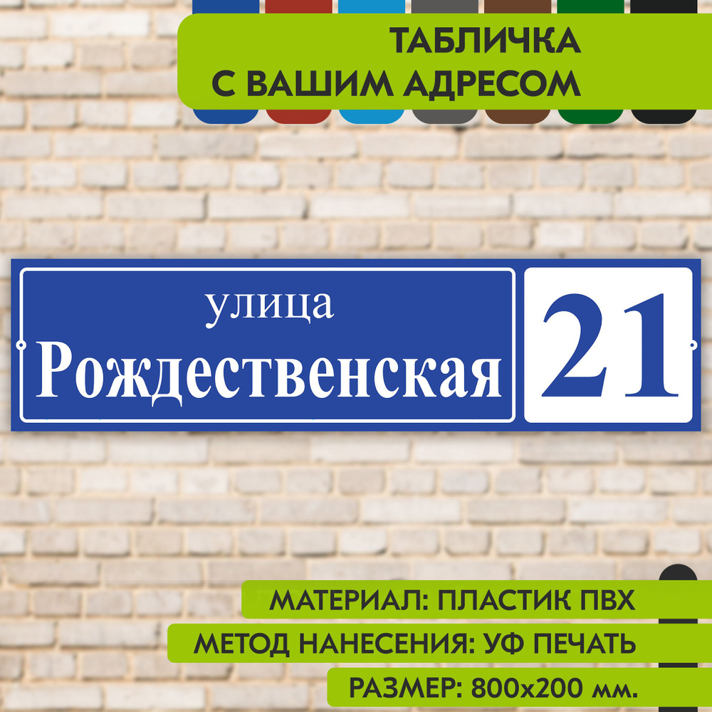 Адресная табличка на дом "Домовой знак" синяя, 800х200 мм., из пластика, УФ печать не выгорает  #1