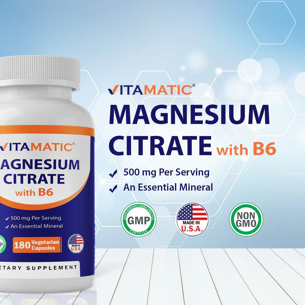 Magnesium Citrate, Vitamatic, Магния цитрат + Витамин B6 500мг 180 ...