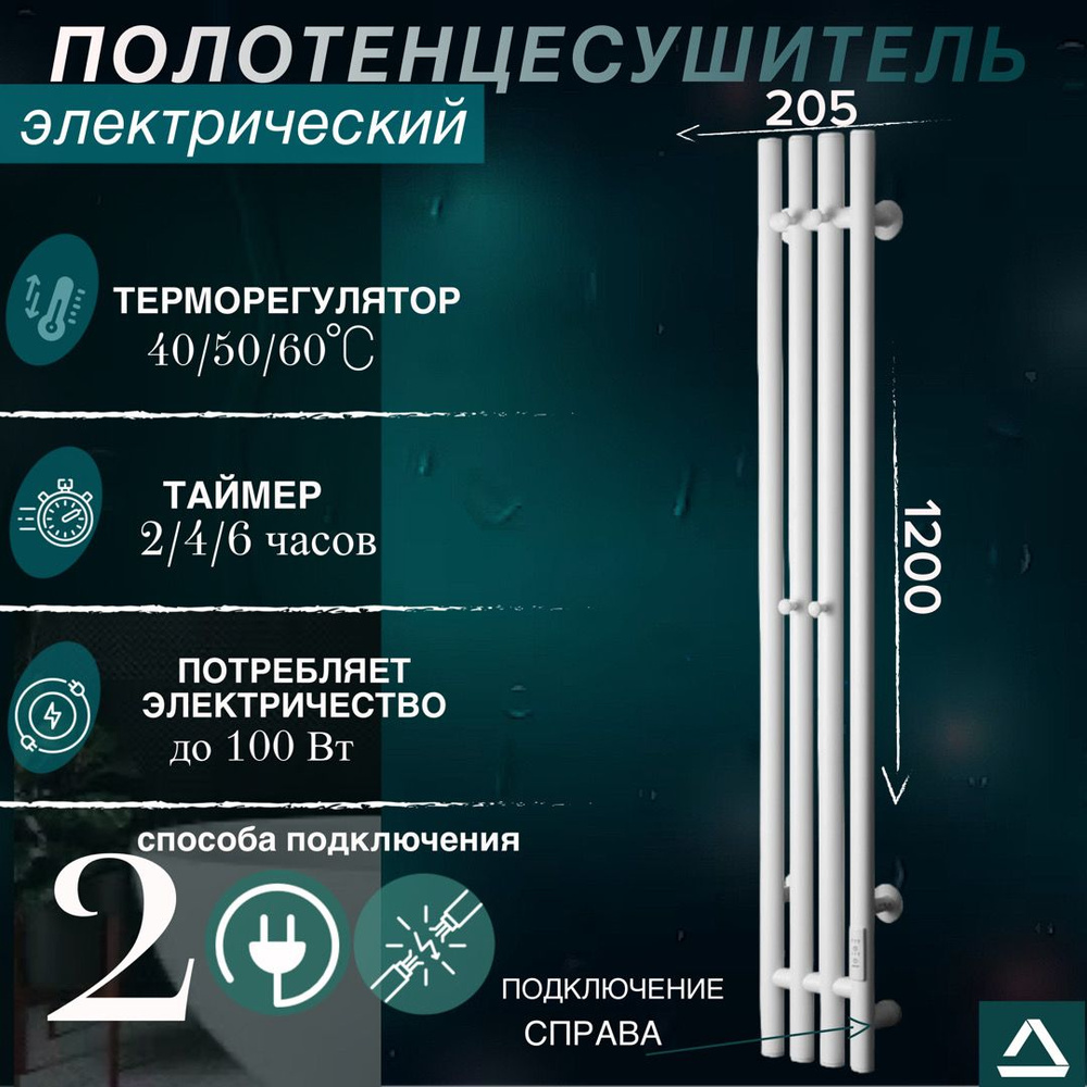 TermoPrime полотенцесушитель электрический 150мм 1200мм вертикальный/дизайнерский 4 секции, белый матовый, #1