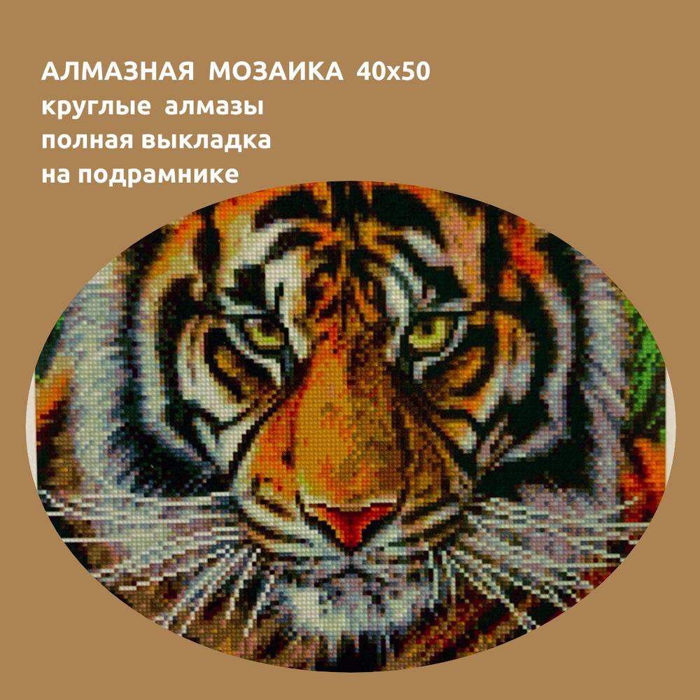 Алмазная мозаика на подрамнике 40х50, полная выкладка,круглые стразы, "Тигр"  #1