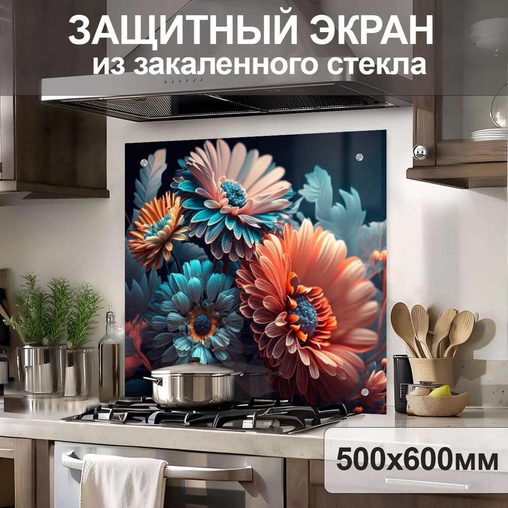 Защитный экран от брызг на плиту 600х500х4мм. Стеновая панель для кухни из закаленного стекла. Фартук #1