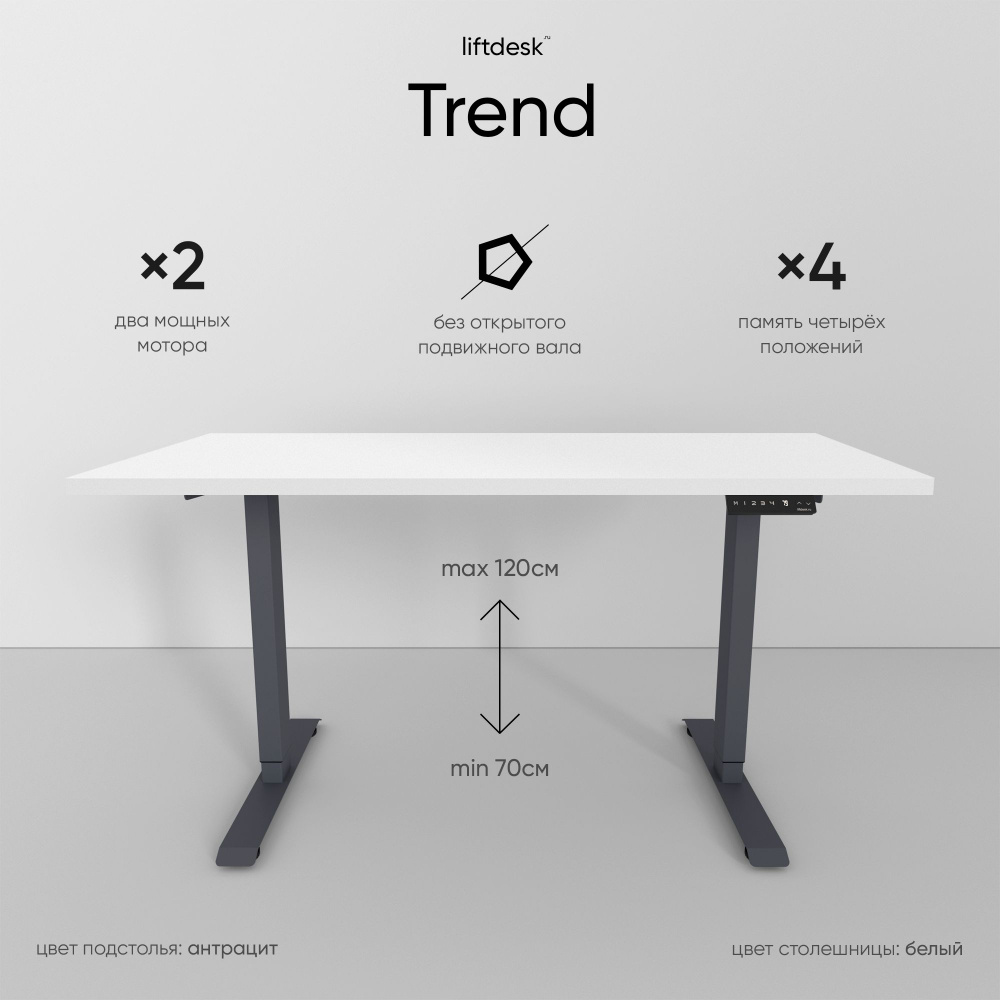 Компьютерный стол с подъемным механизмом регулируемый по высоте 2-х моторный liftdesk Trend Антрацит/Белый #1