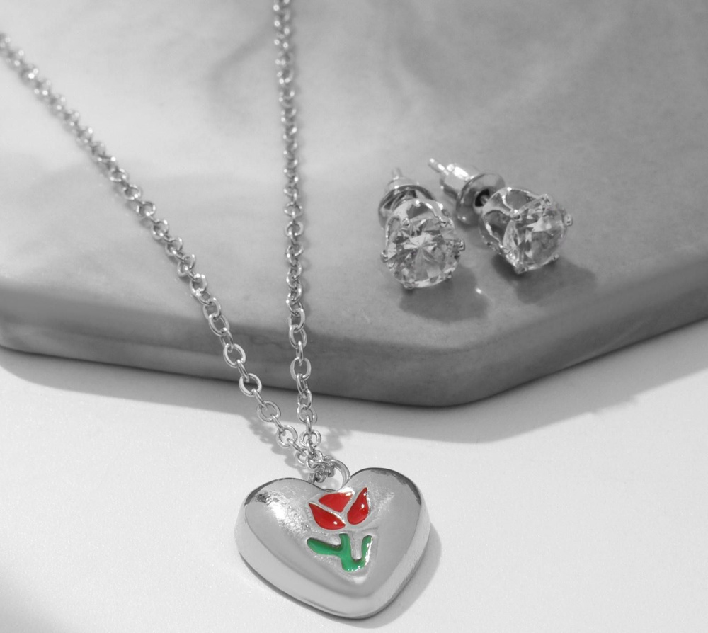 Гарнитур 2 предмета: серьги, кулон Сердце с цветком внутри, цвет серебро, 45 см  #1