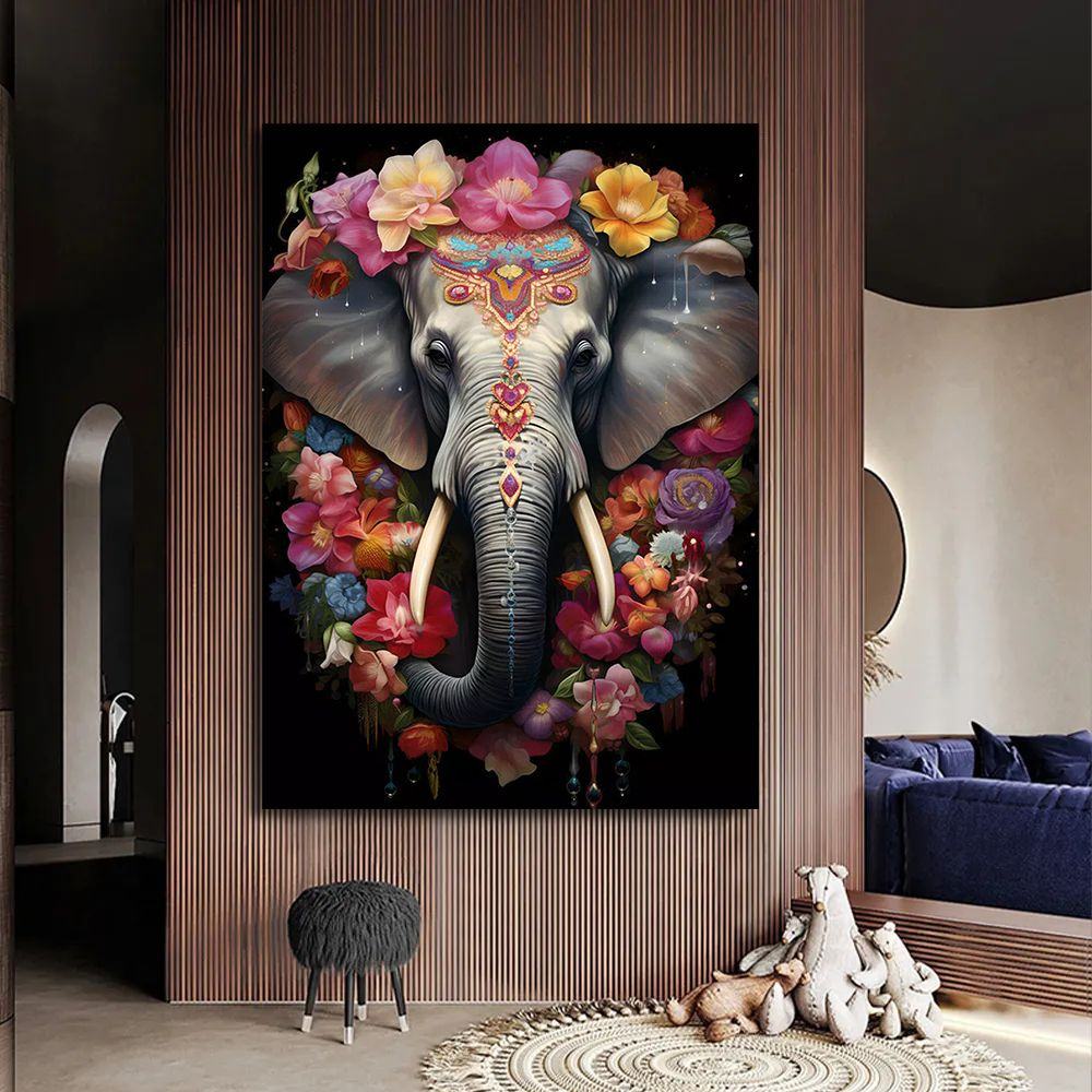 Картина слон с цветами, 40х60 см. #1