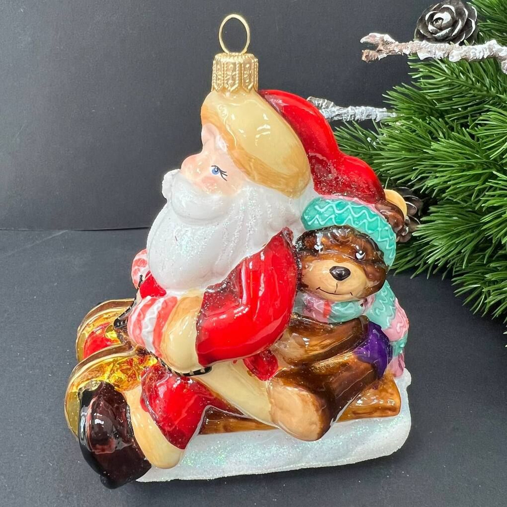 Елочная игрушка Санта с мишкой на санях 12см стекло Komozja Family  #1