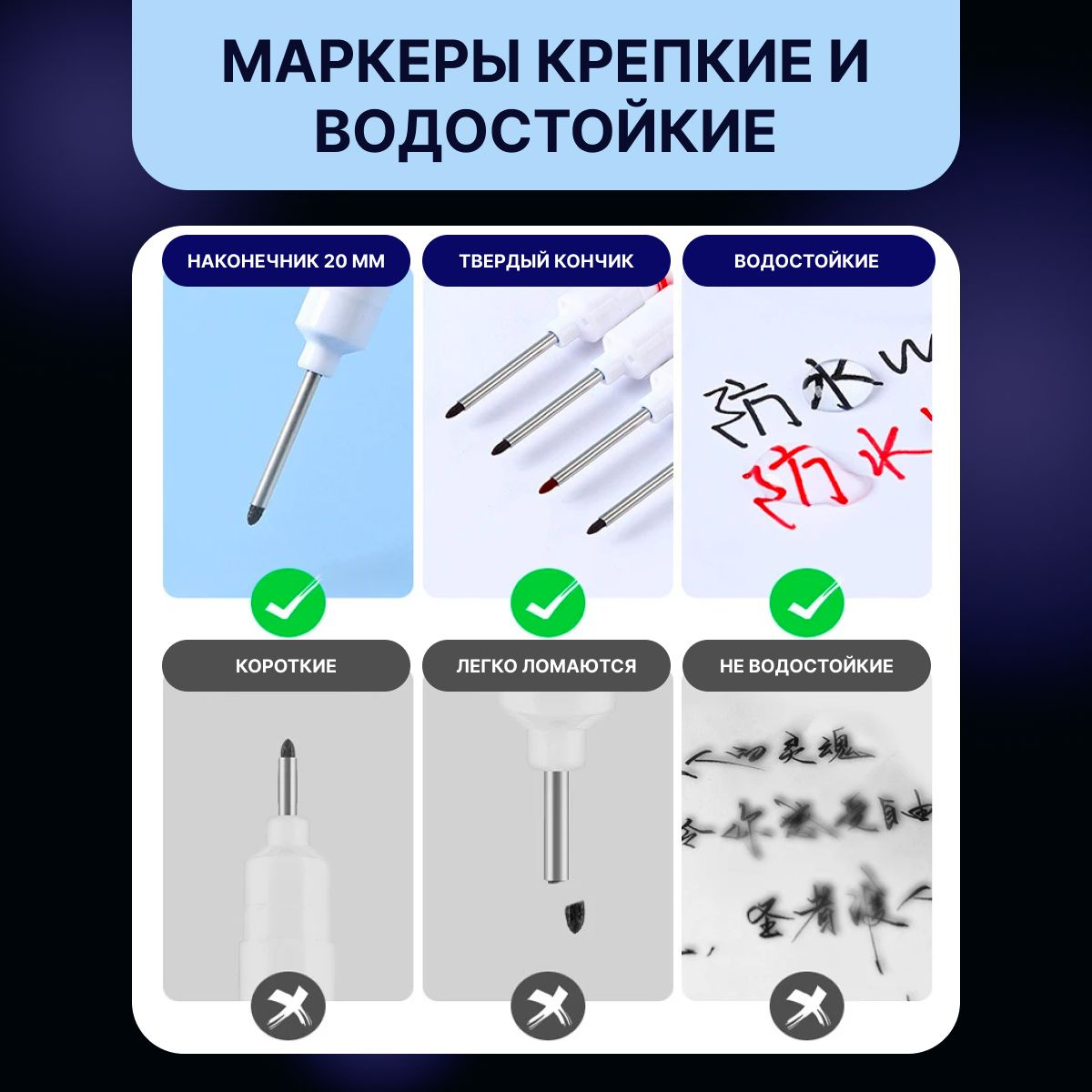Маркер строительный тонкий разметочный с длинным наконечником / 5 шт ...