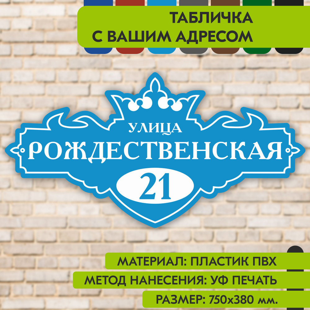 Адресная табличка на дом "Домовой знак" голубая, 750х380 мм., из пластика, УФ печать не выгорает  #1