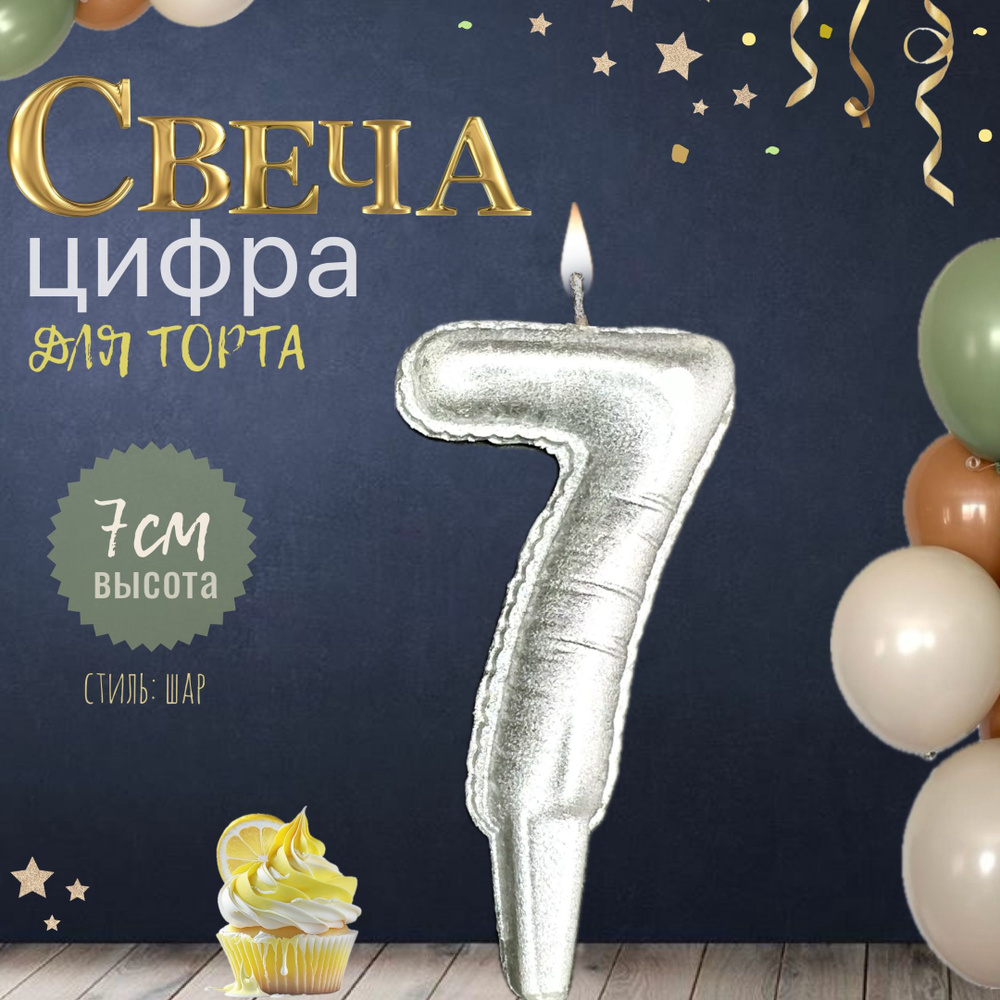 Свеча для торта "шар", цифра 7, серебро, 1шт #1