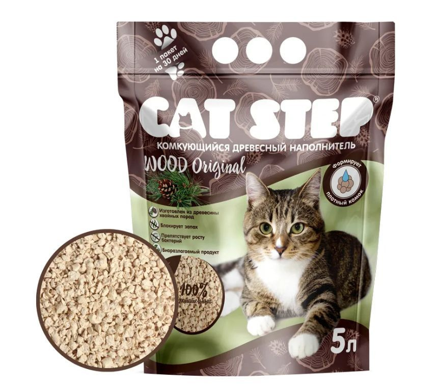 Cat Step Wood Original Наполнитель комкующийся растительный для кошек, 5 л  #1