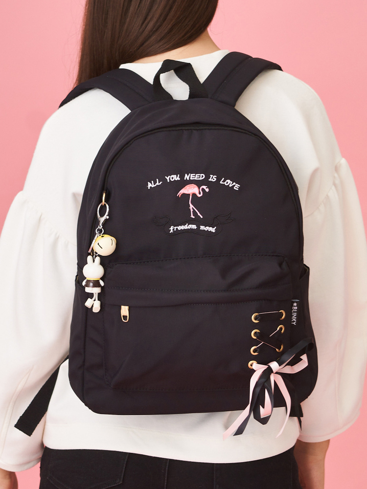 Рюкзак женский школьный черный для девочки с брелком и usb зарядкой Фламинго  #1