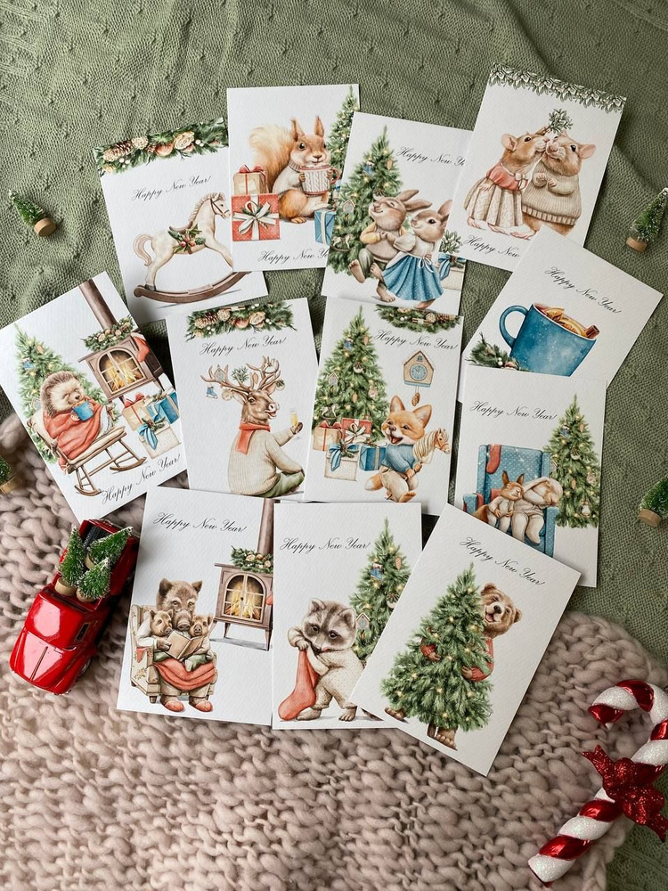 Miaworkstudio Набор праздничных новогодних открыток "Винтажные", подарок-открытки на новый год, зимние, #1