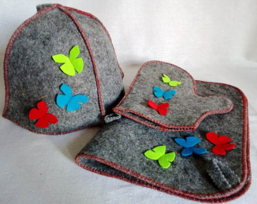 Набор подарочный 3 предмета "Серый Полет бабочек" (шапка, рукавица, коврик)  #1