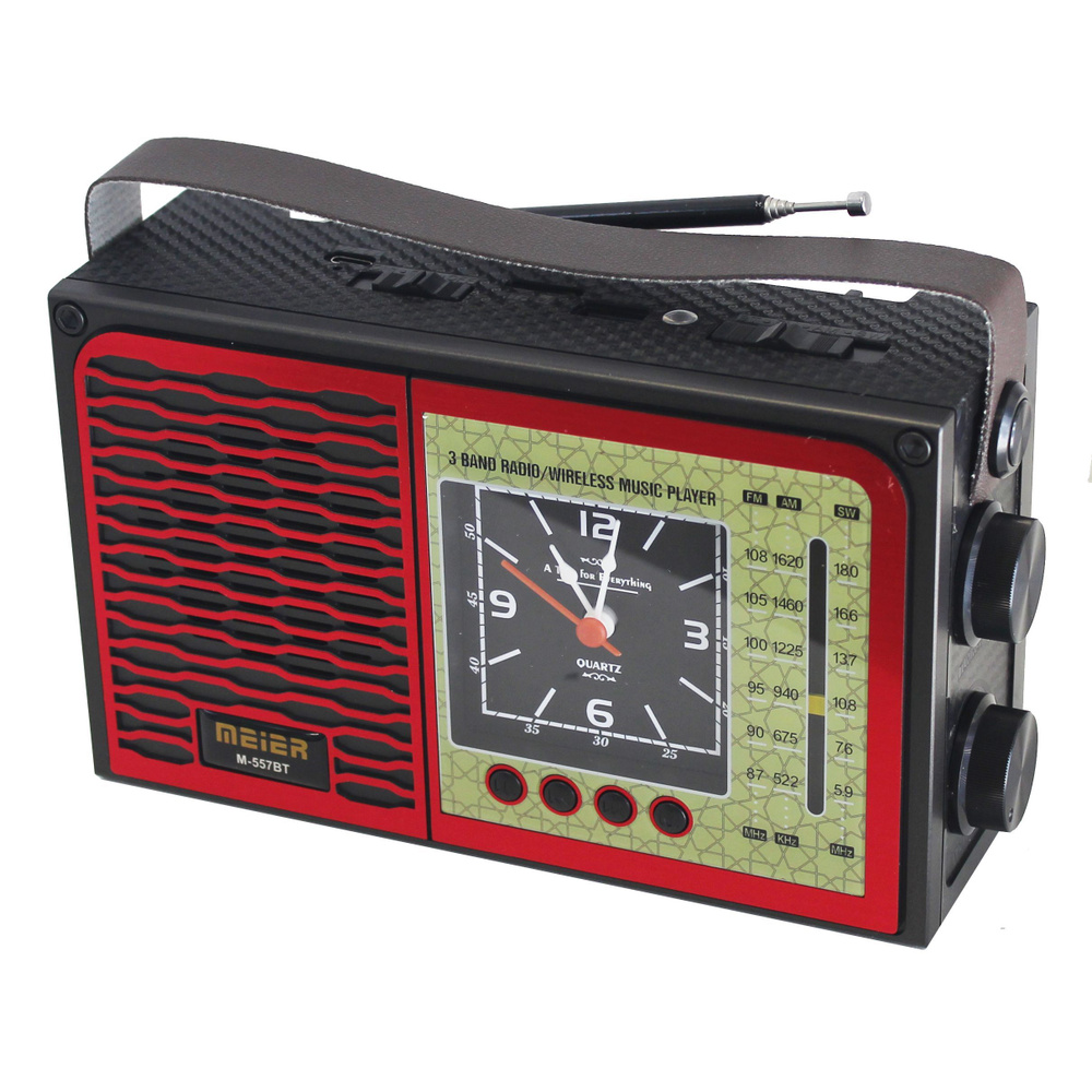 Компактный радиоприемник Meier M-557BT Red с универсальным питанием, встроенным модулем Bluetooth, часами, #1