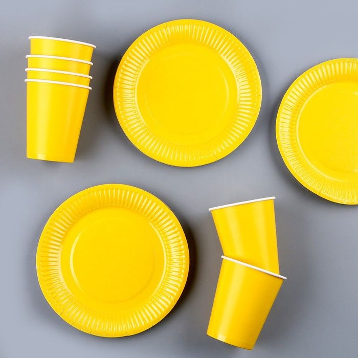 Набор бумажной посуды, 6 тарелок, 6 стаканов, цвет жёлтый  #1