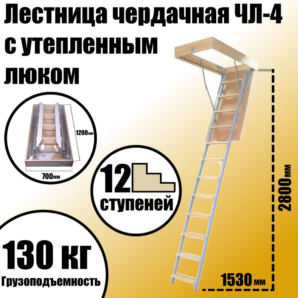 Лестница чердачная комбинированная ЧЛ-4, с утепленным люком 700х1200 мм L-2800  #1