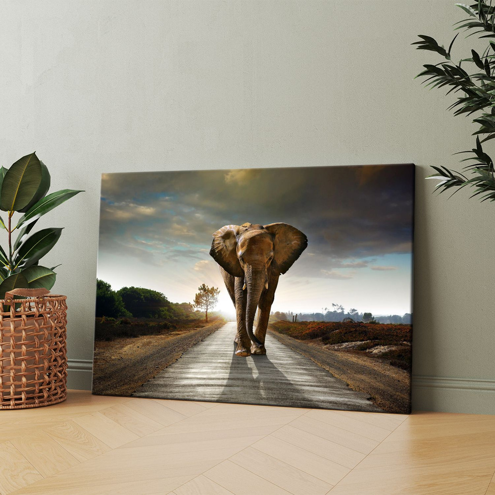 Картина на холсте (3D слон на дороге) 40x60 см. Интерьерная, на стену.  #1